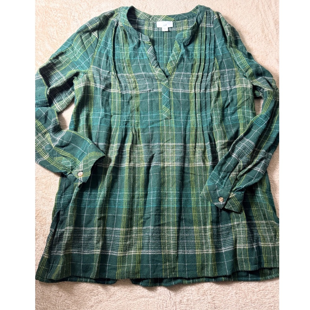 J. Jill Green Plaid Pintuck Pleat Tunic Blouse  S Autumn Classic Cabincore
